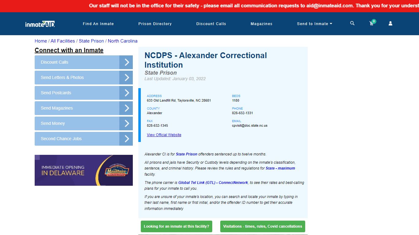 NCDPS - Alexander Correctional Institution & Inmate Search ...