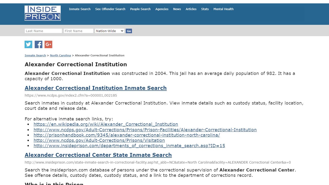 Alexander Correctional Institution - Inmate Search
